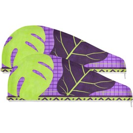 Toallas de pelo de microfibra con botón de hojas amarillas y moradas adecuadas para todo tipo de pelo, toallas para secar el cabello, paquete de 2