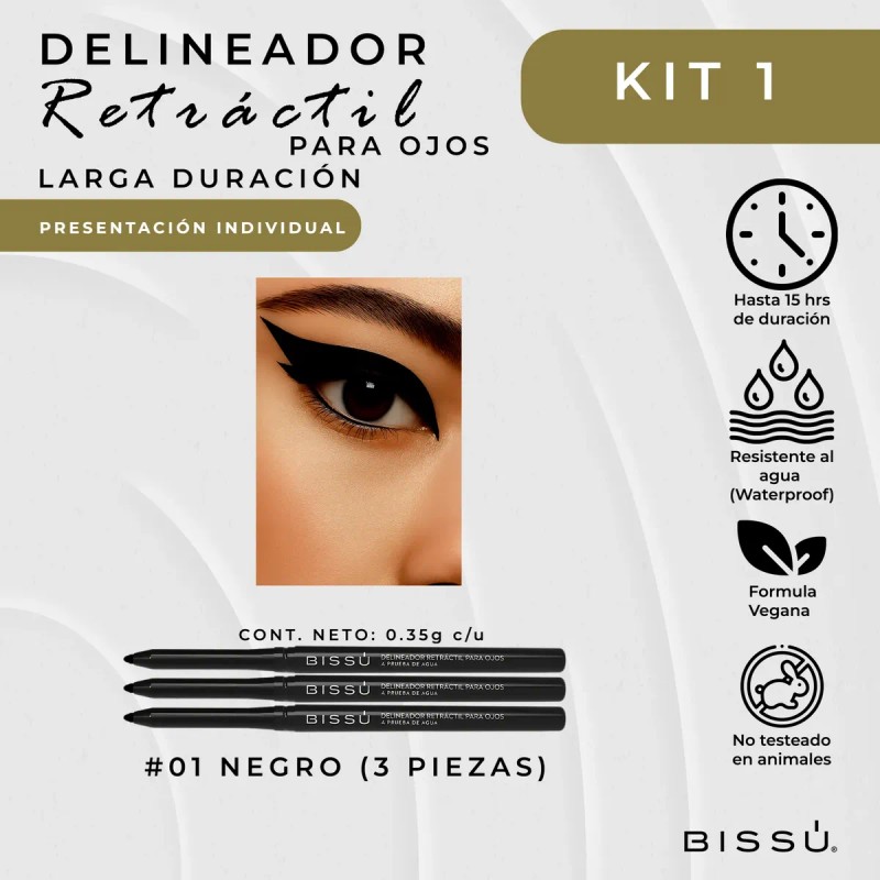 Delineador Retráctil Ojos Bissu Larga Duración Kit 3 Tonos