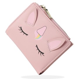 SNCCJ Cute Women's Bifold Leather Small Purse with RFID Protection, Purse Girls with Zip Coin Bag, Unicorn pink, Modern