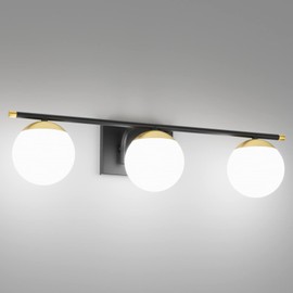 Ralbay Black and Gold Bathroom Lights 3-Light Mid Century Modern Milky Glass Black and Gold Vanity Lights for Bathroom