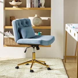 HULALA HOME Criss Cross Chair with Wheels, Criss Cross Legged Wide Seat Desk Chair, Lumbar Pillow, Blue