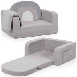 Kids Couch, 2-in-1 Soft Toddler Couch Fold Out with Blanket, Comfy Toddler Chair, Convertible Sofa to Lounger, Convertible Sofa to Lounger, Gifts for Kids Girl Boys, Medium Grey Rainbow