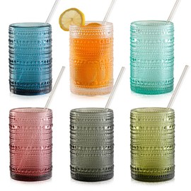 KMIGRUAN 15oz Colored Hobnail Drinking Glasses Set of 6,Vintage Kitchen Glassware,Embossed Beaded Glass Cups,Water Tumbler for Cocktail,Juice and Various Mixed Drinks