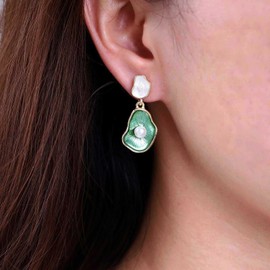 Atentuyi Pearl Drop Earrings Gold Vintage Pearl Earrings Green Dangle Earrings Green Enamel Earrings Green Leaf Earrings Pearl Stud Earrings Leaves Plant Earrings Jewelry for Women and Girl