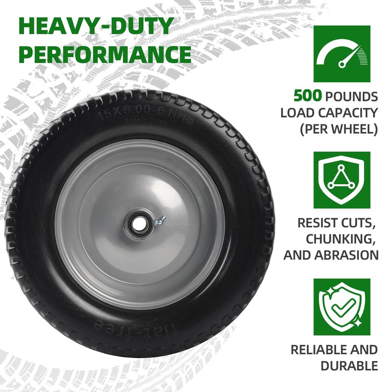 AR-PRO (2-Pack) 15x6.00-6 Flat Free Tire and Wheel, Solid Lawn