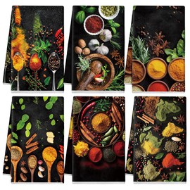 Breling Set of 6 Colorful Spices Kitchen Towel Set Microfiber Dish Towels for Kitchen Bathroom Home Cooking Herb Kitchen Tea Towels Decorative Rustic Absorbent Hand Towels for Coffee Bar, 14 x 21 Inch