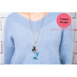 Uloveido Gold Color Long Chain Necklace Blue Crystal Stone Mermaid Necklace Pendant for Her Women with Rose Gold Plated Chain YS841