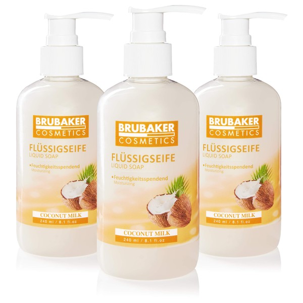 BRUBAKER Cosmetics Pack of 3 Hand Wash Lotion Liquid Soap Coconut - 3 x 240 ml in Practical Dispenser - Gently Cleans and Moisturises - for Hygienically Clean Hands