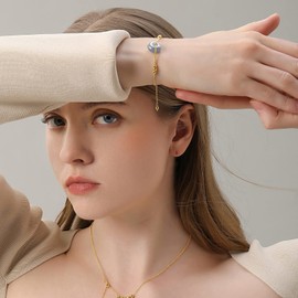 DAUMIER Natural Hetian Jade Bracelet S925 14K Gold Plated Jade Donut Charm Pendant Bracelet Jewelry Valentine Birthday for Women 8inch (Purple)