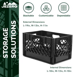 JEZERO 24 Quart Heavy Duty Plastic Crate | Stackable Multi-Purpose Storage Bin for Garage, Home, Office, Groceries, Outdoor, Camping & Kayaking | Black Utility Tote, 19" x 13" x 11"