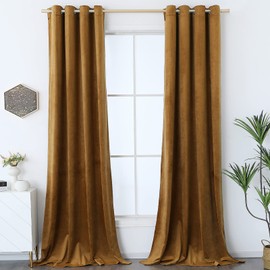 Timeper Gold Velvet Curtains 84 inches - Retro Style Brownish Gold Blackout Curtains Grommet Velvet Drapes for Parlor/Farmhouse, Gold Brown, W52 x L84, 2 Panels