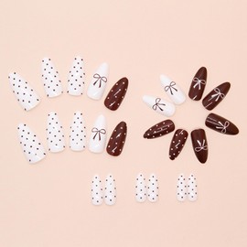 24 Pcs Valentines Press on Nails Dark Red Tie Bow Stick on Nails Polk Dots Acrylic Medium Almond Fake Nails Glossy White Tie Bow False Nails Romantic Valentines Gel Glue on Nails for Women Girls