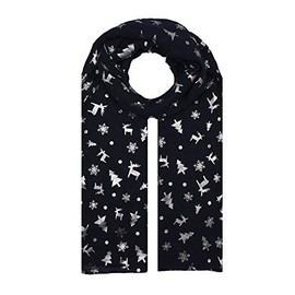 Finecy In NEW Women Christmas Scarf Snow Flakes Reindeer Silver Foil Print Winter Long Wrap UK Navy