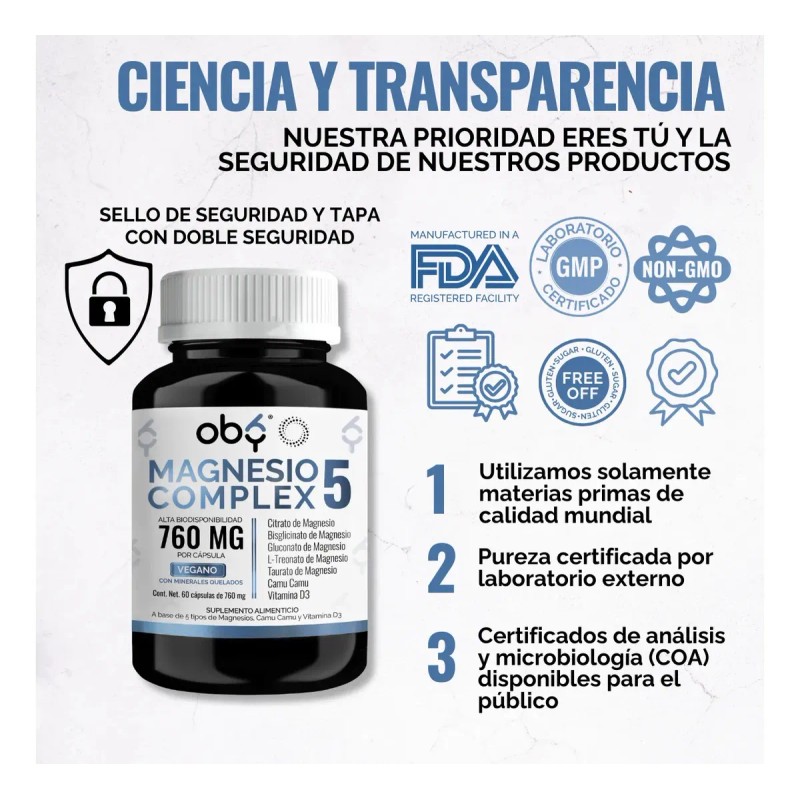 Oby Magnesio Complex Citrato Glicinato Treonato Taurato Gluconato Oxido Minerales