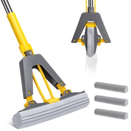 Sponge Mop,Masthome Roller Sponge Mop,Easy Self Squeeze Sponge Mop and Stainless Steel Handle,PVA Sponge Mops with 3 Absorbent Sponge Mop Refills for Home Use Tile Floor Bathroom Cleaning