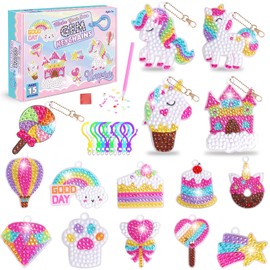 UMILKI 15 Pieces 5D Diamond Painting Children, Girls Diamond Painting Key Ring Unicorn with Carabiner Brush, Diamond Painting Key Ring for Children from 8 Years