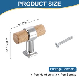 sourcing map 6 Pcs T Bar Wooden Drawer Pulls Wood Single Hole Dresser Drawer Knobs Furniture Dresser Pull Handles with Screws for Home Kitchen Room Closet Cupboard, Wood/Silver