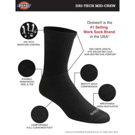 Dickies Men's Dri-Tech Mid-Crew Comfort Length Moisture Control Socks, Available in M-XL, (6, 12 Pairs), Comfort Length Black Solid (12 Pairs), Large