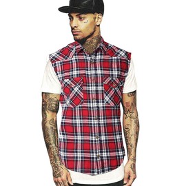 NUTEXROL Men's Casual Flannel Plaid Shirt Sleeveless Cotton Plus Size Vest Small Red and Black