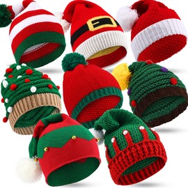 8 Pcs Santa Hats Adult Knitted Crochet Beanie Hats with Pom Pom for Christmas Holidays (Bright Style)