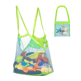 EUYKQNOI Beach Toy Bag with Net, Set of 2 Sand Toy Storage (Green Bag + Blue Mesh), Foldable Mesh Bag for Beach, Swimming Pool & Sandpit, Ideal for Family and Children from 1 Year