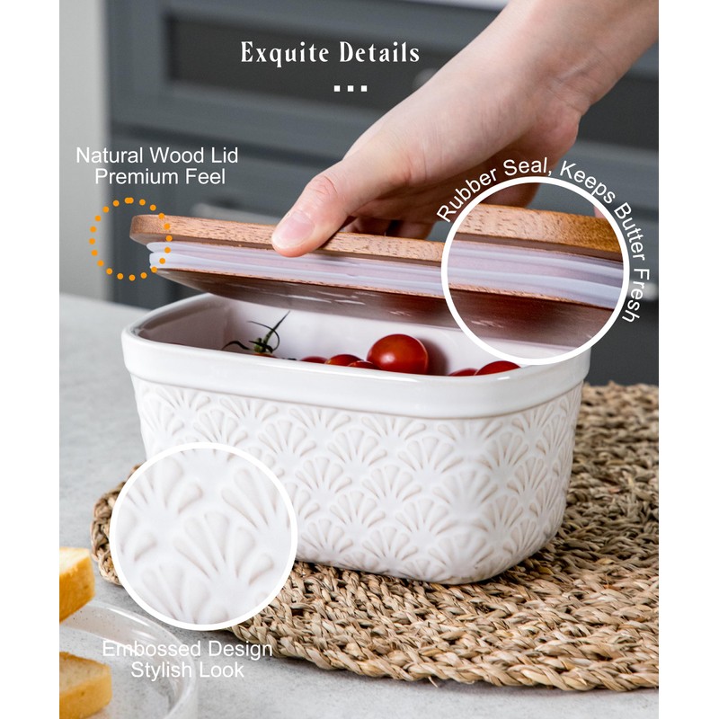 Nucookery Ceramic Butter Dish, Embossed Butter Keeper with Wood Lid