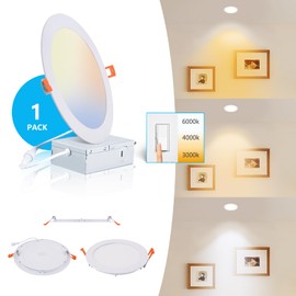 JARLSTAR 8 Inch LED Recessed Light with Junction Box.1Pack Ultra Thin LED Recessed Lights 3CCT 3000K/4000K/6000K Selectable Dimmable,18W 8" Ceiling Canless Light Downlight, Can Killer Lighting CR80+