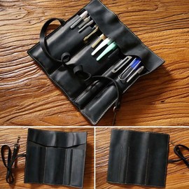 Leather Pen Bag,Roll-Up Leather Wrap Pen Pouch, Foldable Pencil Roll Organizer for Student Artist Drawing Coloring