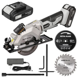 Inequalit Cordless Mini Circular Saw, 4-1/2 Inch 3400 RPM Circular Saw with Laser Guide, Rip Guides, 2 Blades (24T Wood + 60T Metal), Max Cutting Depth 1-11/16" (90°), 1-1/8" (45°)"