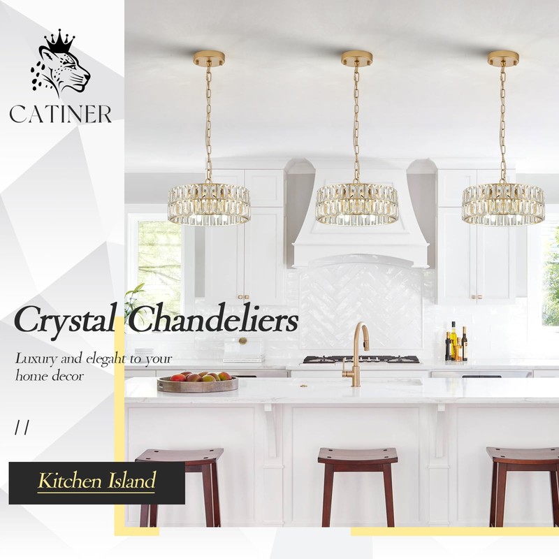 CATINER Small Gold Crystal Chandeliers, Modern Semi Flush Mount Chandelier