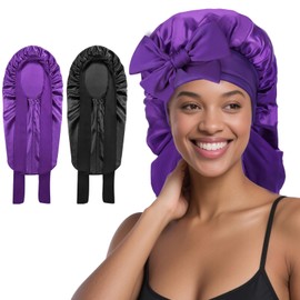 Arqumi 2 Pcs Satin Silk Bonnet for Sleeping Women, Large Long Strap Tie Band Adjustable Sleep Night Cap Hair Bonnet Wrap for Braids Mother's Day Girls Gifts, Black+ Purple(X-Large)
