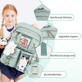 Thanps Kawaii Backpack for Girls, Cute Aesthetic Backpack with Pin Accessories Plush Pendant for School Girl Bookbag (Green)