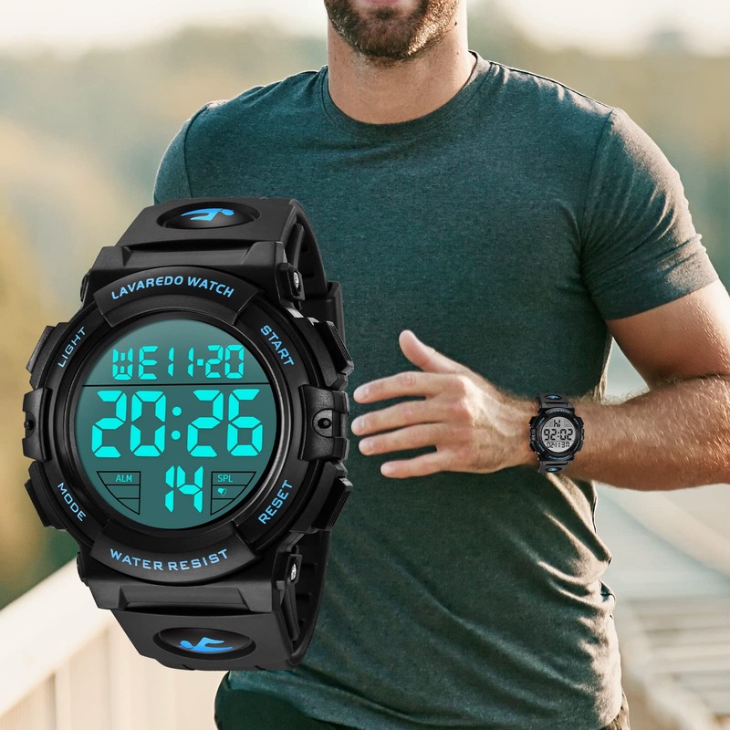 Men's Digital Sports Wristwatch, Multifunctional, LED Display, Outdoor Wristwatch, 01-blue,
