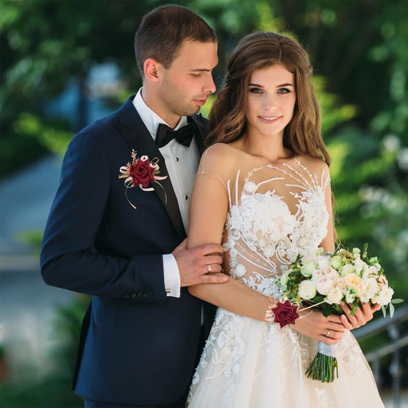 URROMA Wrist Corsage Boutonniere Set, 2Pcs Red Rose and Yellow