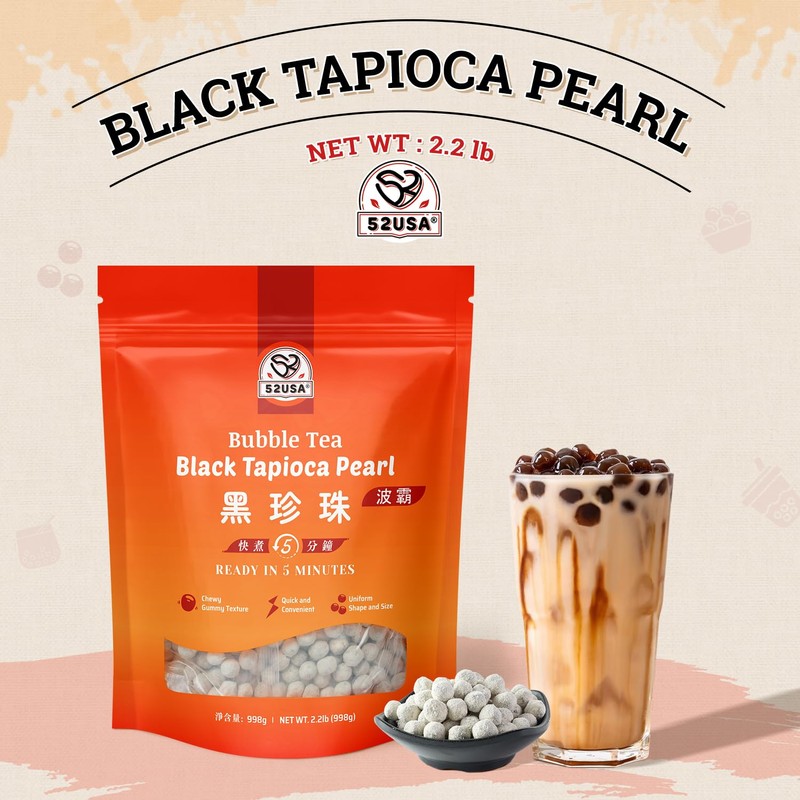 52USA Boba Tapioca Pearls 2.2LB, Fresh Bubble Tea Pearl, Quick