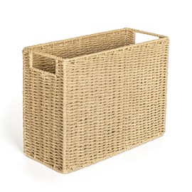 AELS Woven Natural Fibre Magazine Holder, Magazine Rack Floor, Hand-woven Magazine Organizer, Natural Paper Rope Magazine Basket with Handles, Boho Modern Farmhouse Book Basket, Newspaper Holder