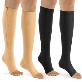 Calcetines de compresión con cierre y puntera abierta, 2 pares de calcetines de compresión para pantorrilla, 15-20 mmHg, para caminar, correr, enfermeras, embarazo, C-negro/nude, 4XL