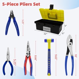 KAIHAOWIN 5-Piece Tool Set with Case, 8.8” Long Nose, 10” Slip Joint Pliers, 25 mm Rubber Hammer, 5” Needle Nose, 5" Flush Cutter for Repairing & Home Use