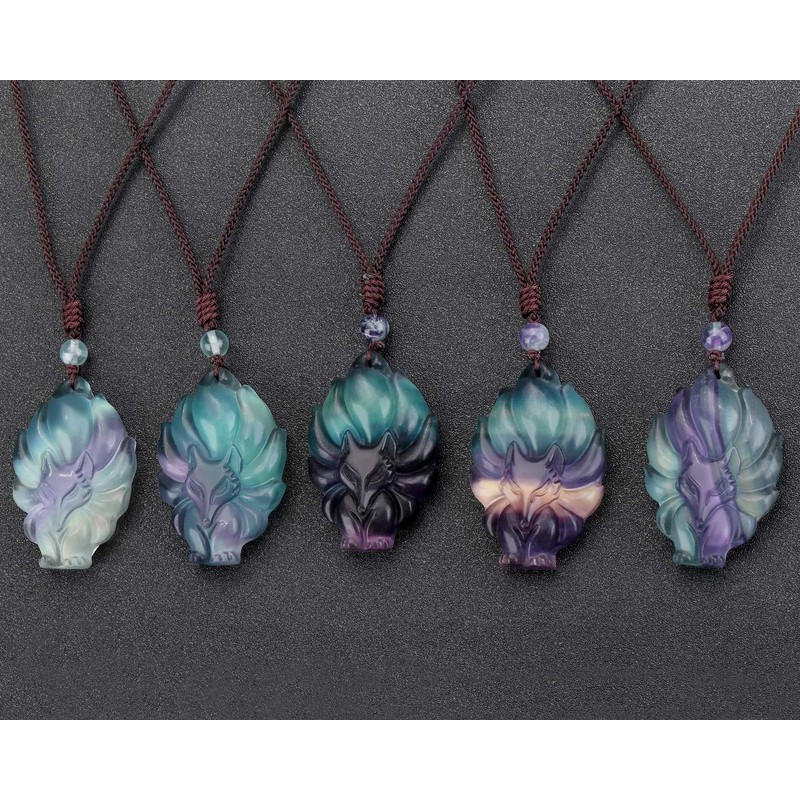 MANIFO Natural Crystal Gemstone Fox Pendant Necklace with Adjustable Woven