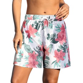 Rocorose Women's Drawstring Boardshorts for Swimming Water Wicking Elastic Waist Swim Bottoms with Pocket Floral White M
