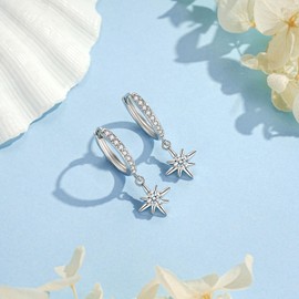 Loutade Silver Drop Hoop Earrings for Women, 925 Sterling Silver Star Dangle Hoop Earrings, CZ Drop Huggie Cartilage Silver Sleeper Earrings, Dainty Small Silver Hoop Earrings with Star Dangling