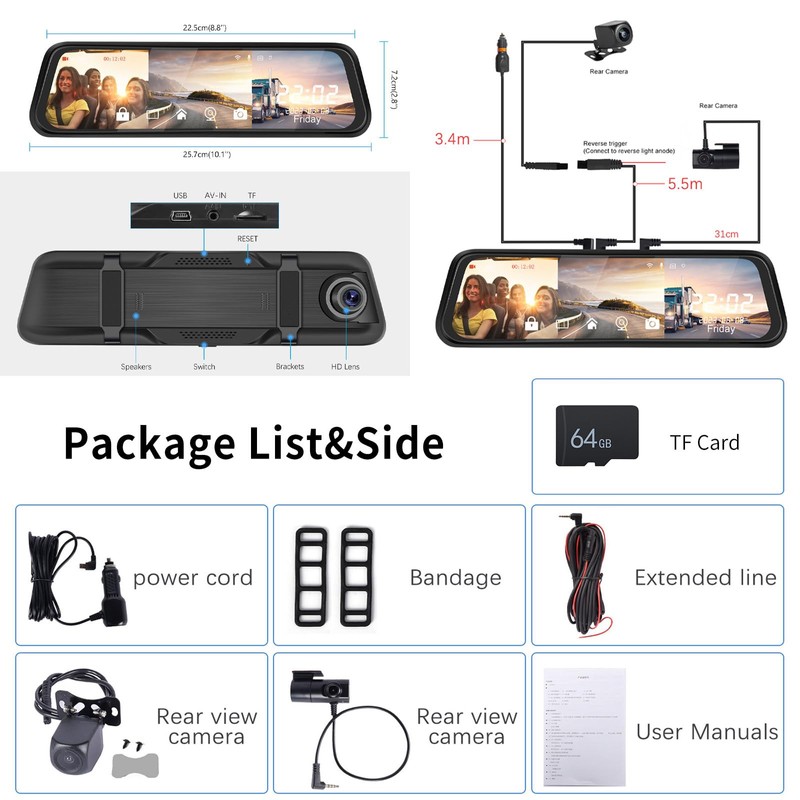 3 Channel 9.66'' WiFi Mirror Dash Cam with Front and