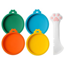 Joyinjojo Cat Food Can Lids with Cat Food Spoon, 4 Pack Small Silicone Pet Food Can Covers Lids for Cat Food Cans 3 oz, Multi-Functional Cat Spoon Can Opener Spatula for Canned Wet Food