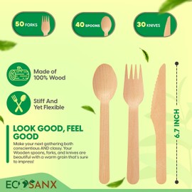 ECOSANX® 120 PCs Disposable Wooden Cutlery set 6.5" Splinter Free Compostable Utensils for party, Eco-Friendly, 100% All-Natural Bamboo Utensils set for picnic, Bamboo cutlery set for Events & More