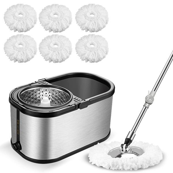 Spin Mop Bucket System Stainless Steel Bucket and Mop Set with 6 Microfiber Replacement Head Refills, Floor Mop with 4 Wheel