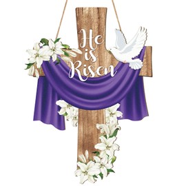 Hinsly He is Risen Easter Decoration Wood Door Wall Signs, Wooden Wreaths Front Door Sign Cross Sign Christian Jesus Lily Flowers Ornaments Hanging Crafts for Spring Home Farmhouse Party Porch Wall Decor