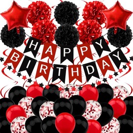 Black & Red Birthday Decorations – Happy Birthday Banner for Boys, Girls, Men, Women, Party Supplies