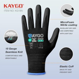 KAYGO Safety Work Gloves MicroFoam Nitrile Coated 3 Pairs, KG18N, Seamless Knit Nylon Glove with Abrasion and Oil Resistant Grip, Ideal for General Purpose, Automotive, DIY (Medium, Black)