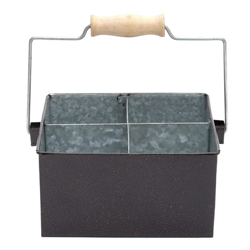 Galvanized Metal Caddy 4 Compartments With Wooden Handle, Flatware Organizer,