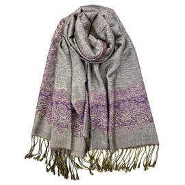 Plum Feathers Tapestry Ethnic Jacquard Paisley Pattern Pashmina Scarf (Grey Purple Border)